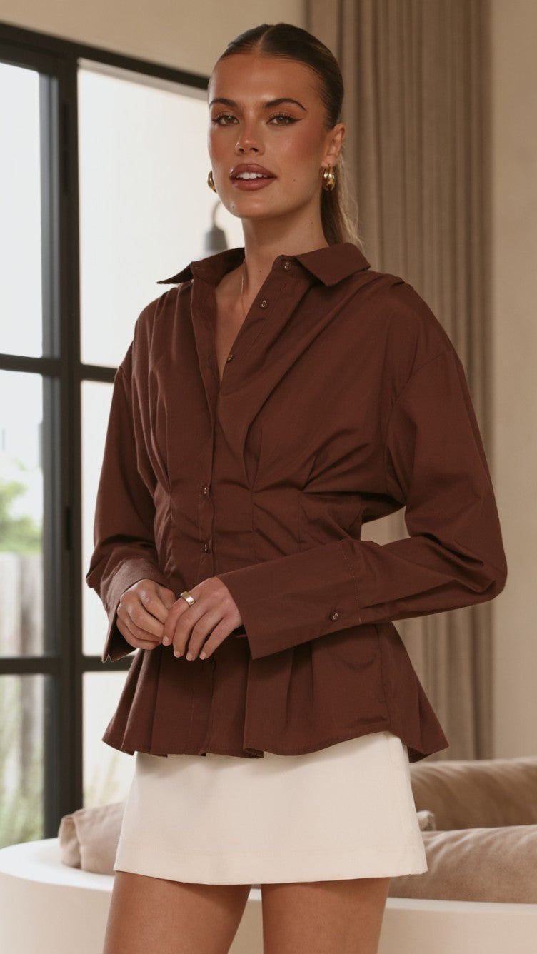Riley Long Sleeve Cinched Waist Button-Up Blouse – Brown – view 4