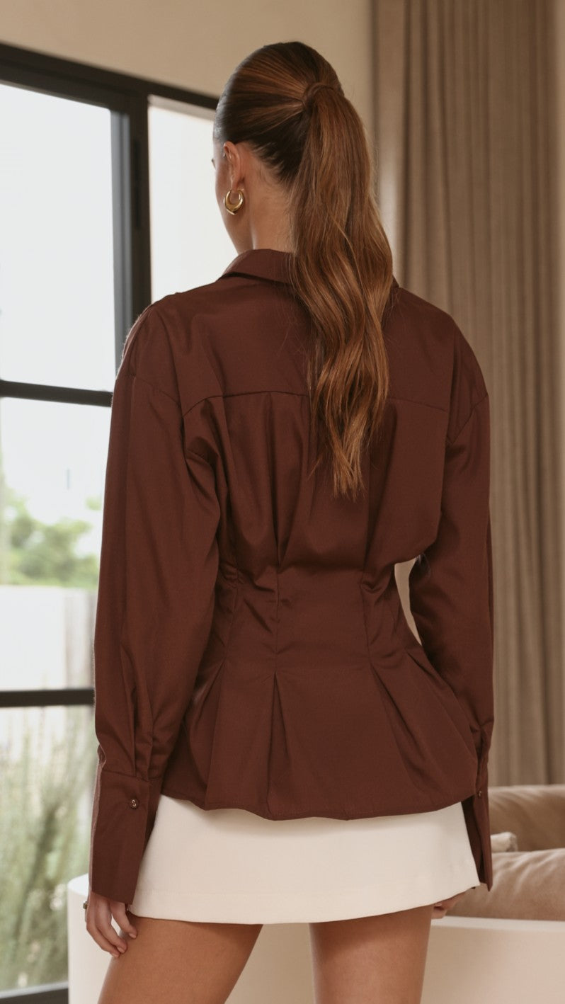 Riley Long Sleeve Cinched Waist Button-Up Blouse – Brown – view 2