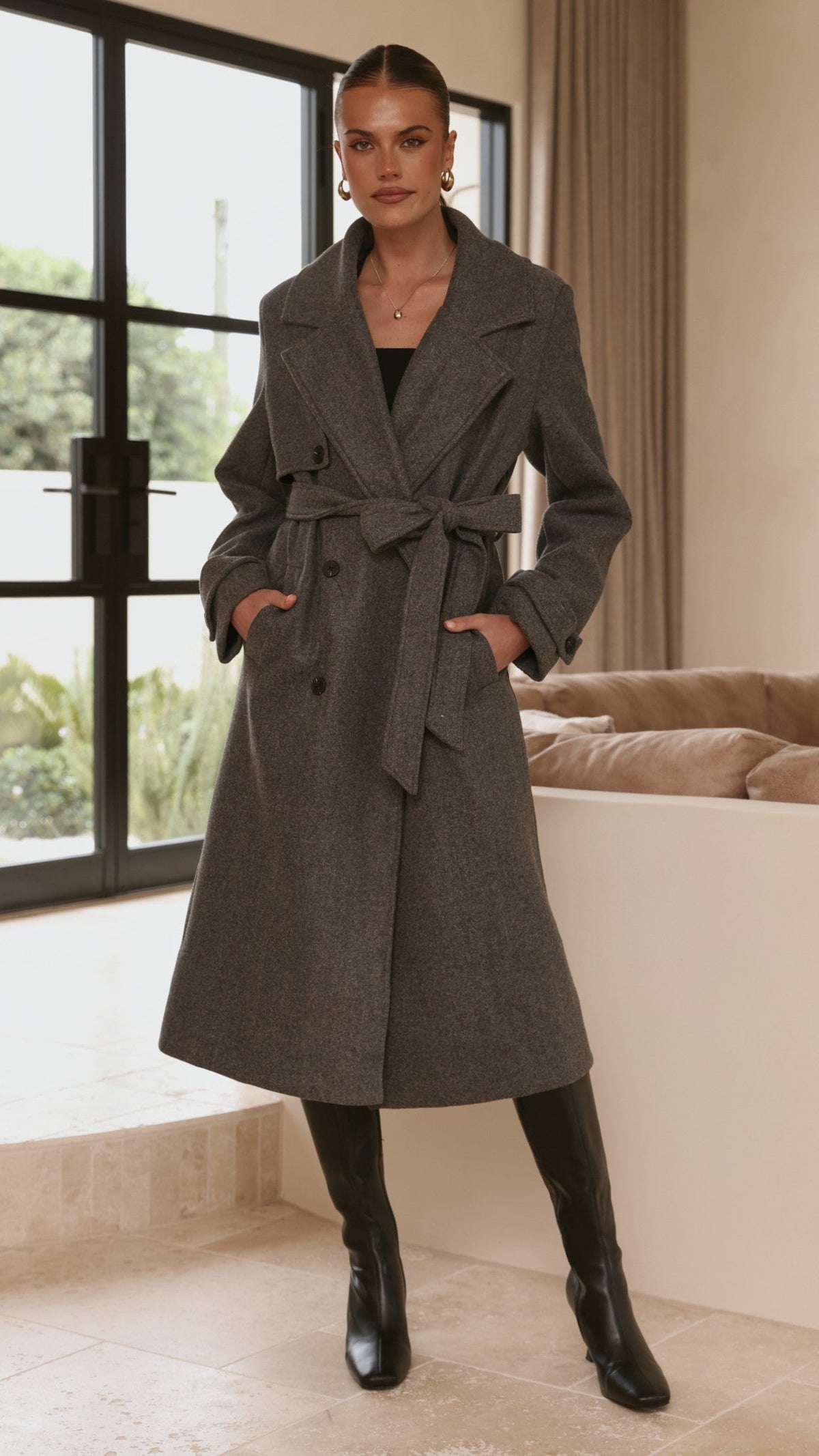 Aspen Longline Double-Breasted Coat with Waist Tie – Charcoal – view 9