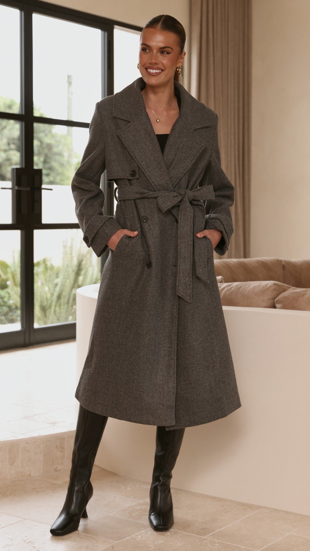 Aspen Longline Double-Breasted Coat with Waist Tie – Charcoal – view 10