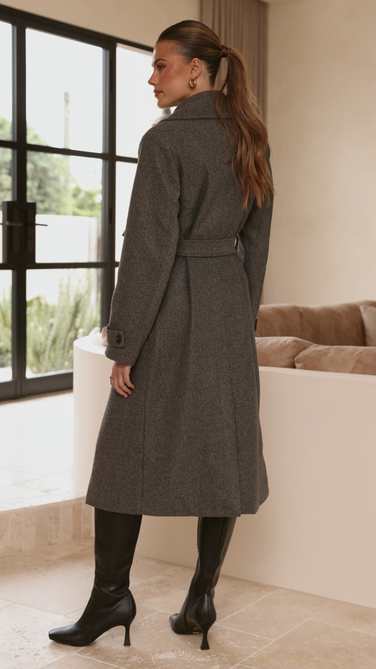 Aspen Longline Double-Breasted Coat with Waist Tie – Charcoal – view 6