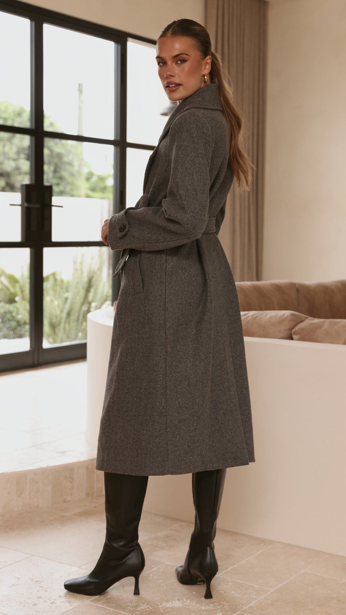 Aspen Longline Double-Breasted Coat with Waist Tie – Charcoal – view 3