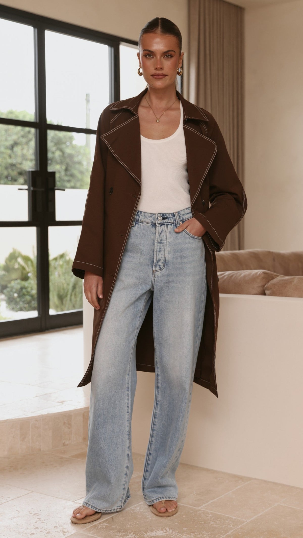 Cora Double-Breasted Longline Trench Coat with Tie Belt – Brown – view 8