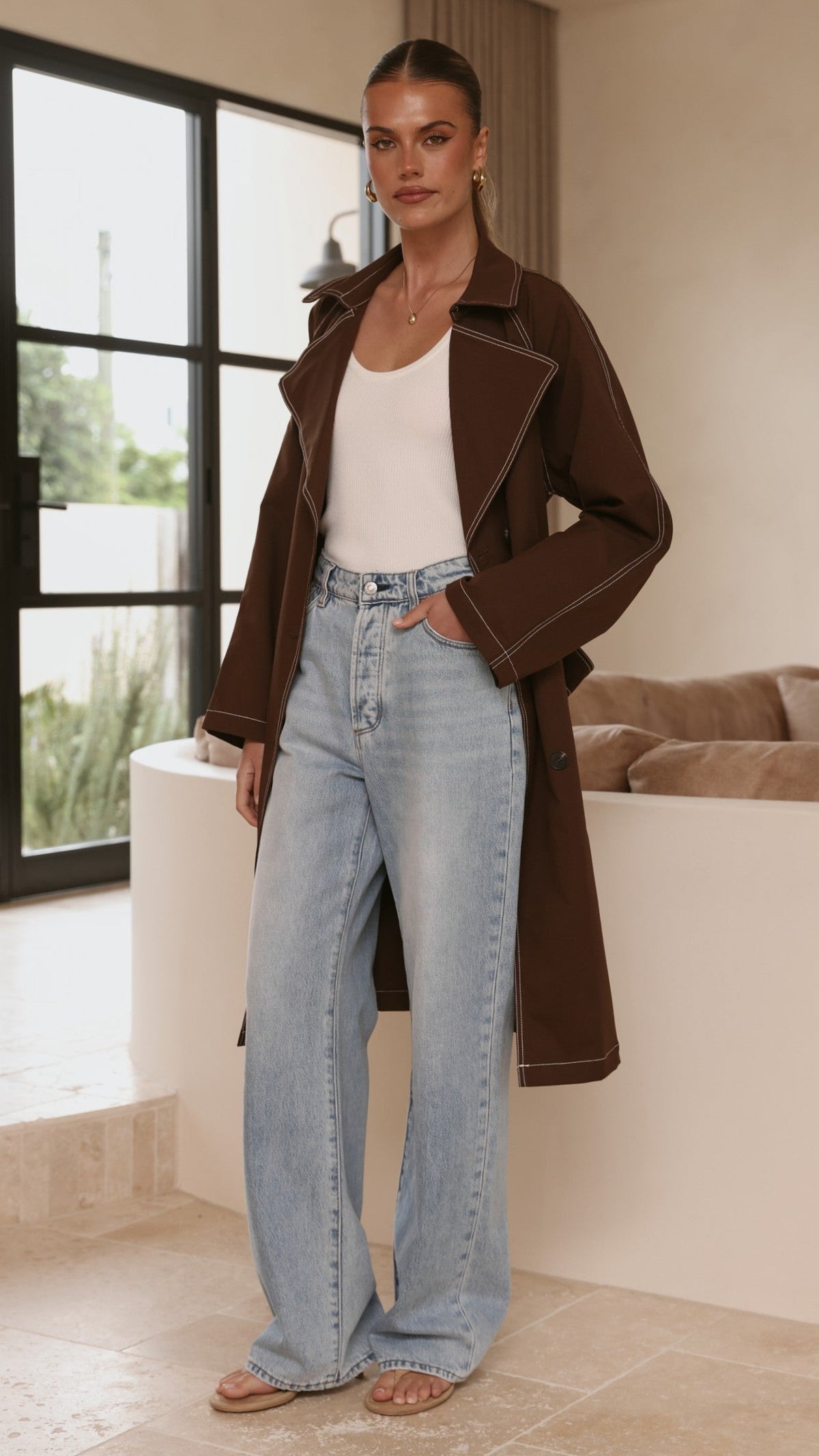 Cora Double-Breasted Longline Trench Coat with Tie Belt – Brown – view 9