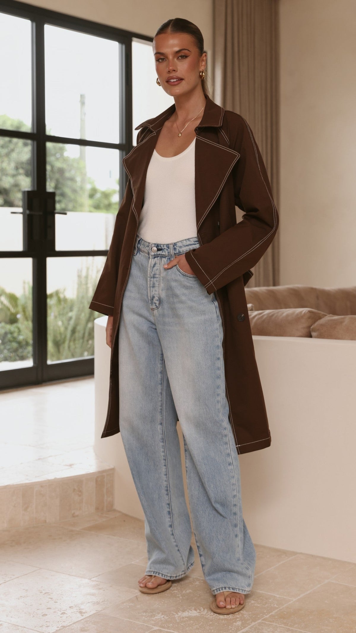 Cora Double-Breasted Longline Trench Coat with Tie Belt – Brown – view 4