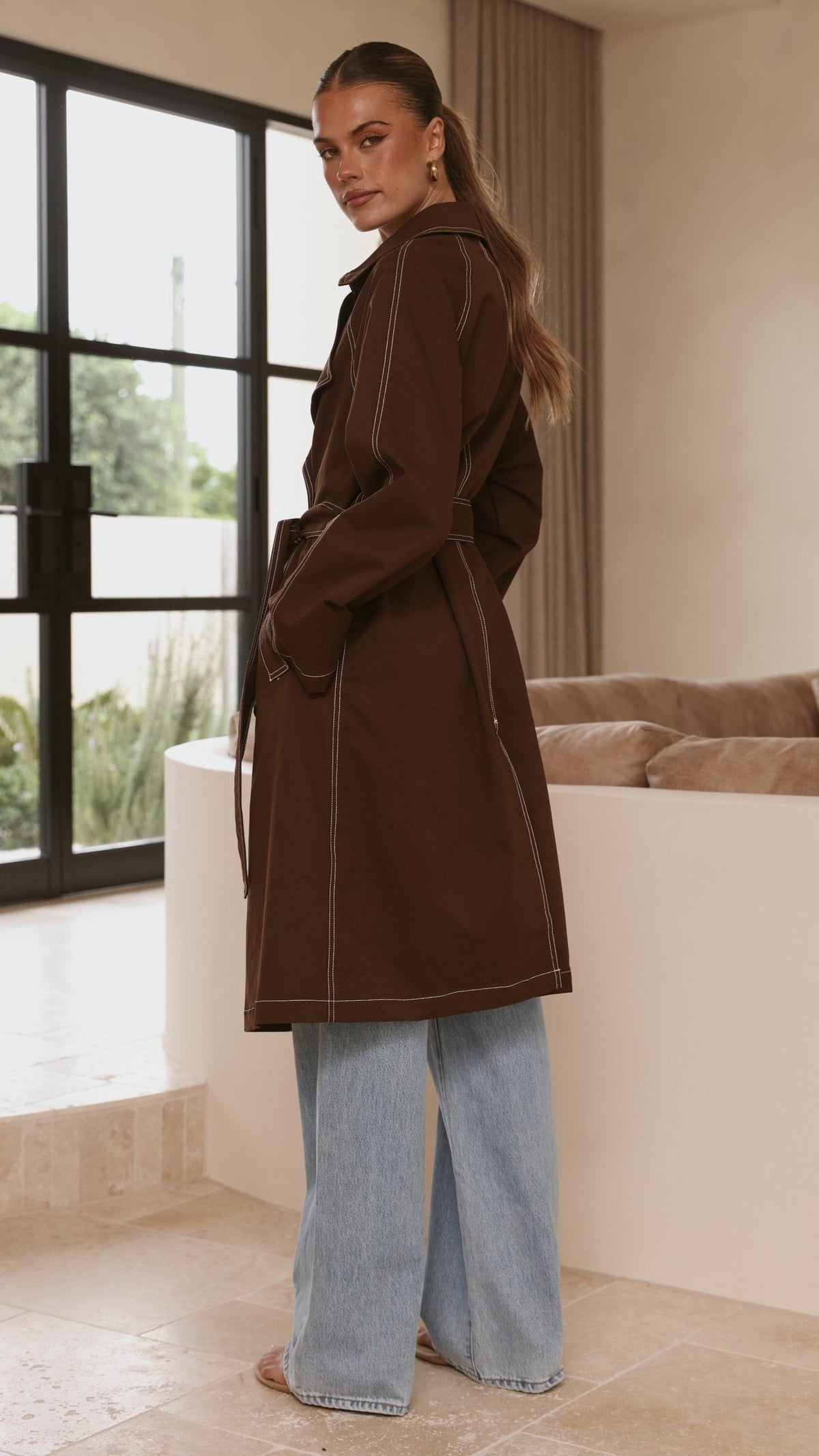 Cora Double-Breasted Longline Trench Coat with Tie Belt – Brown – view 3