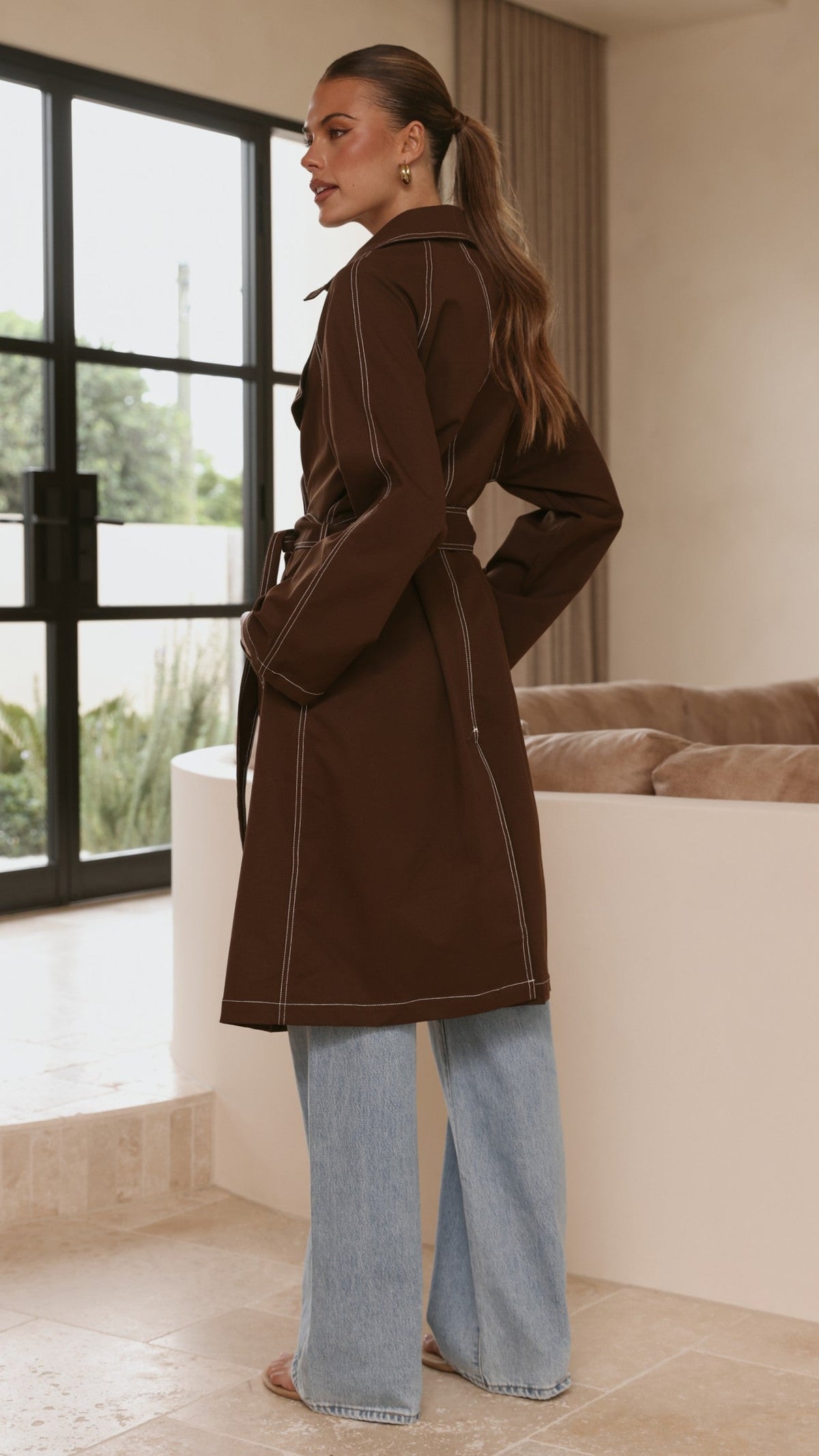 Cora Double-Breasted Longline Trench Coat with Tie Belt – Brown – view 10