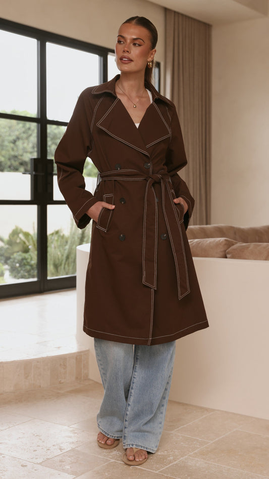 Cora Double-Breasted Longline Trench Coat with Tie Belt – Brown