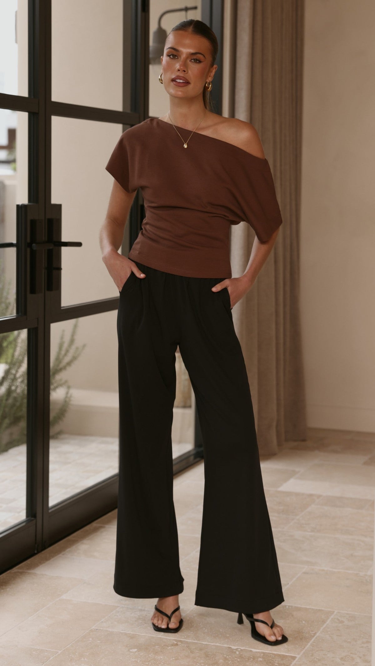 Deanne High Waisted Ribbed Stretch Trousers – Black – view 4