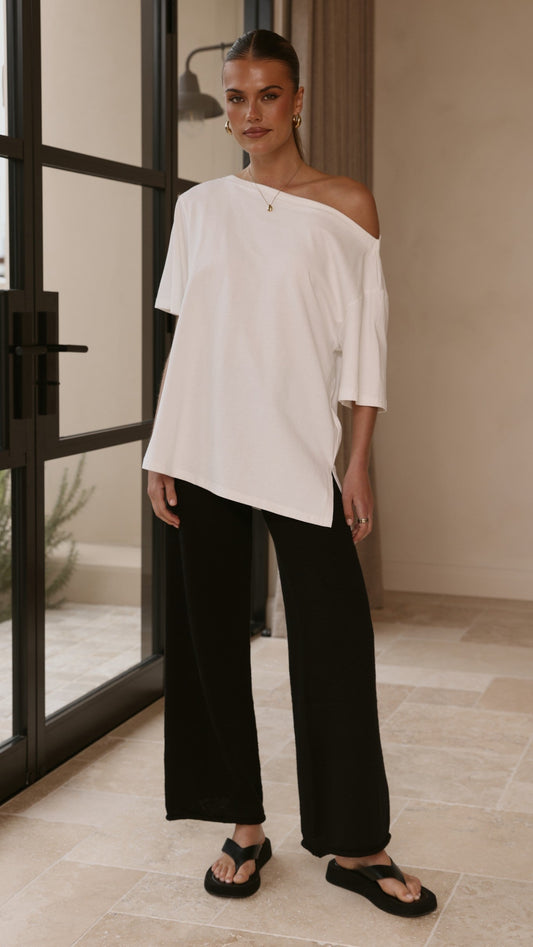 Cascadia Wide Leg Knit Trousers with Rolled Hem – Black