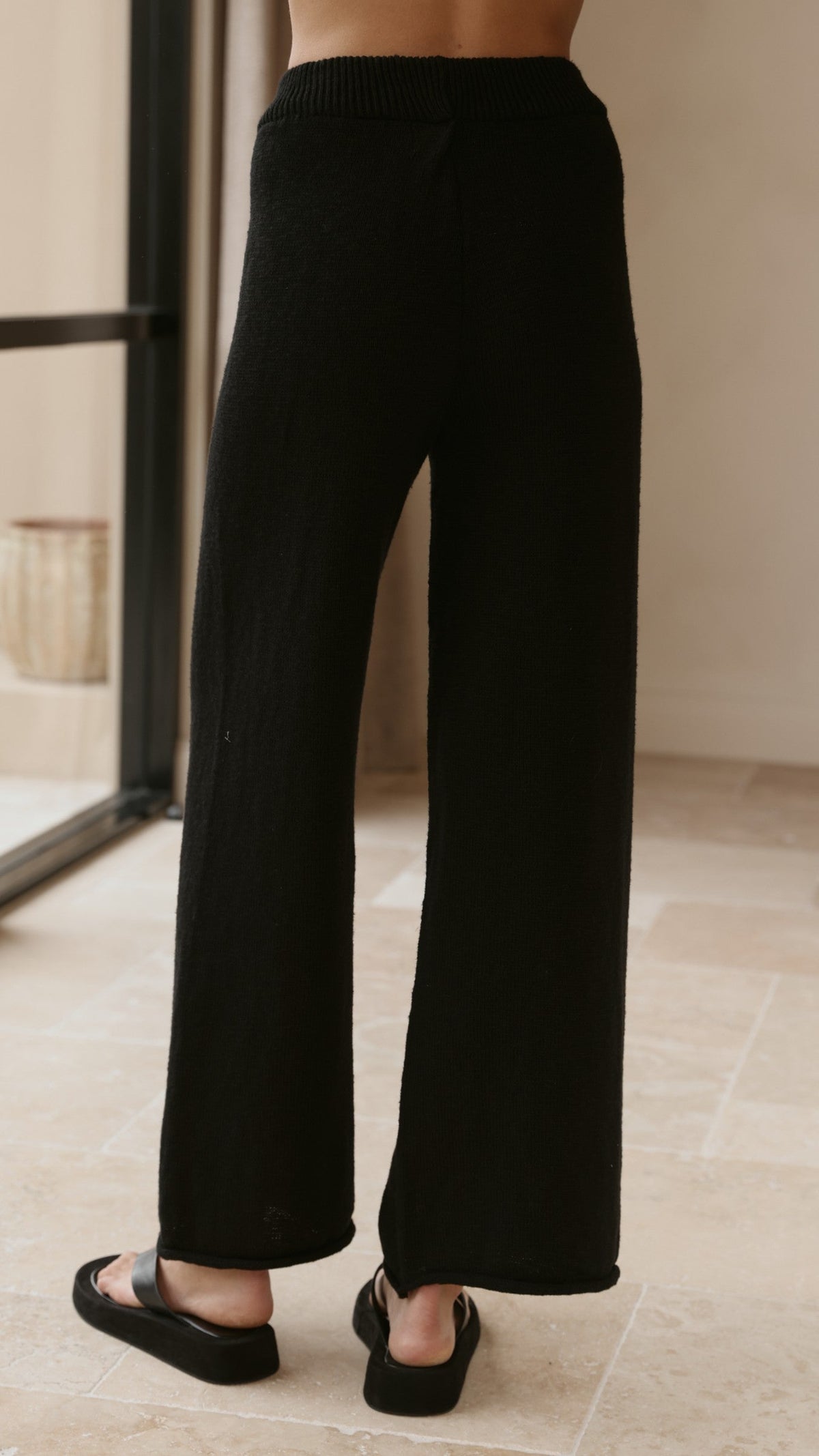 Cascadia Wide Leg Knit Trousers with Rolled Hem – Black – view 3