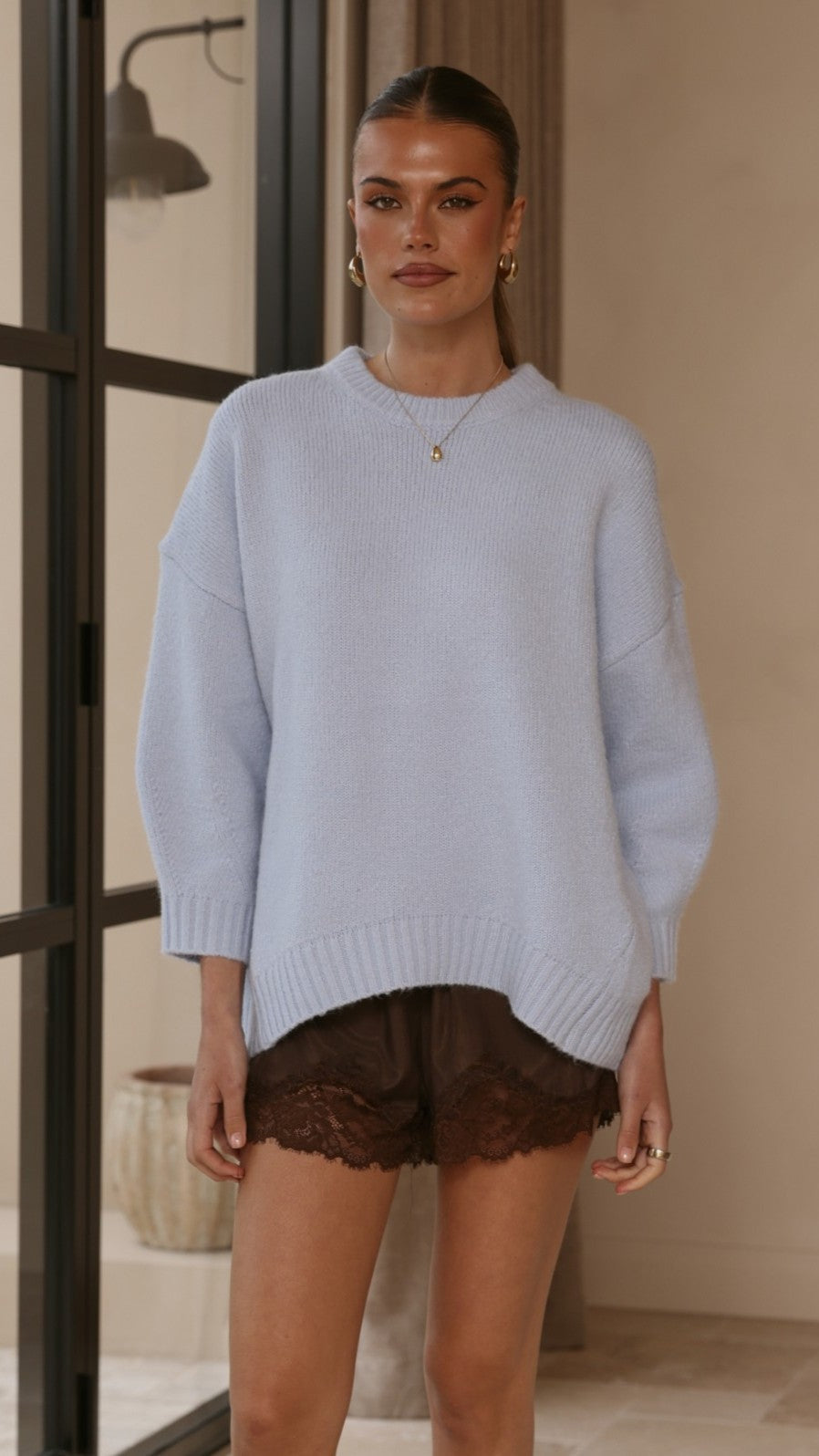 Belle Oversized Crew Neck Knit Jumper with Ribbed Trims – Blue