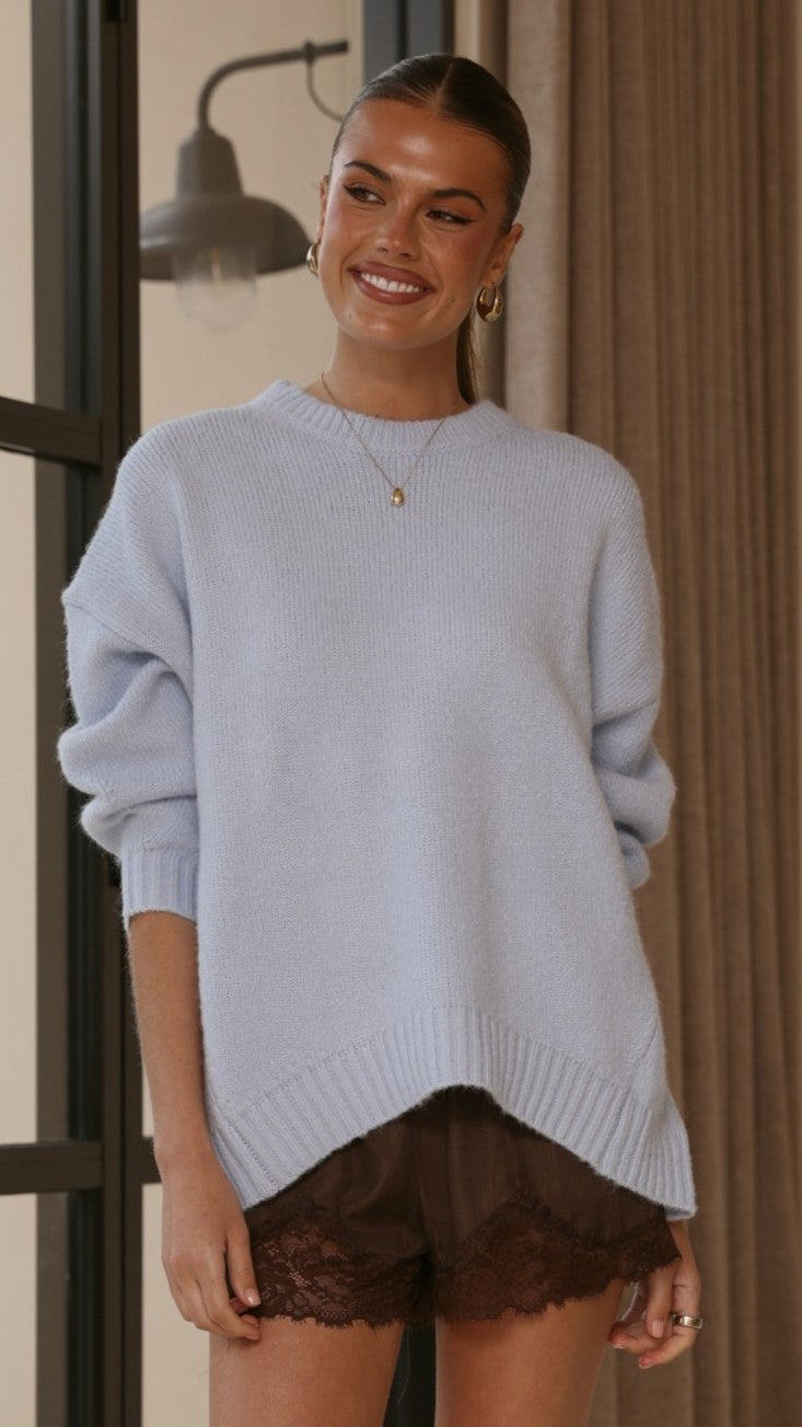 Belle Oversized Crew Neck Knit Jumper with Ribbed Trims – Blue