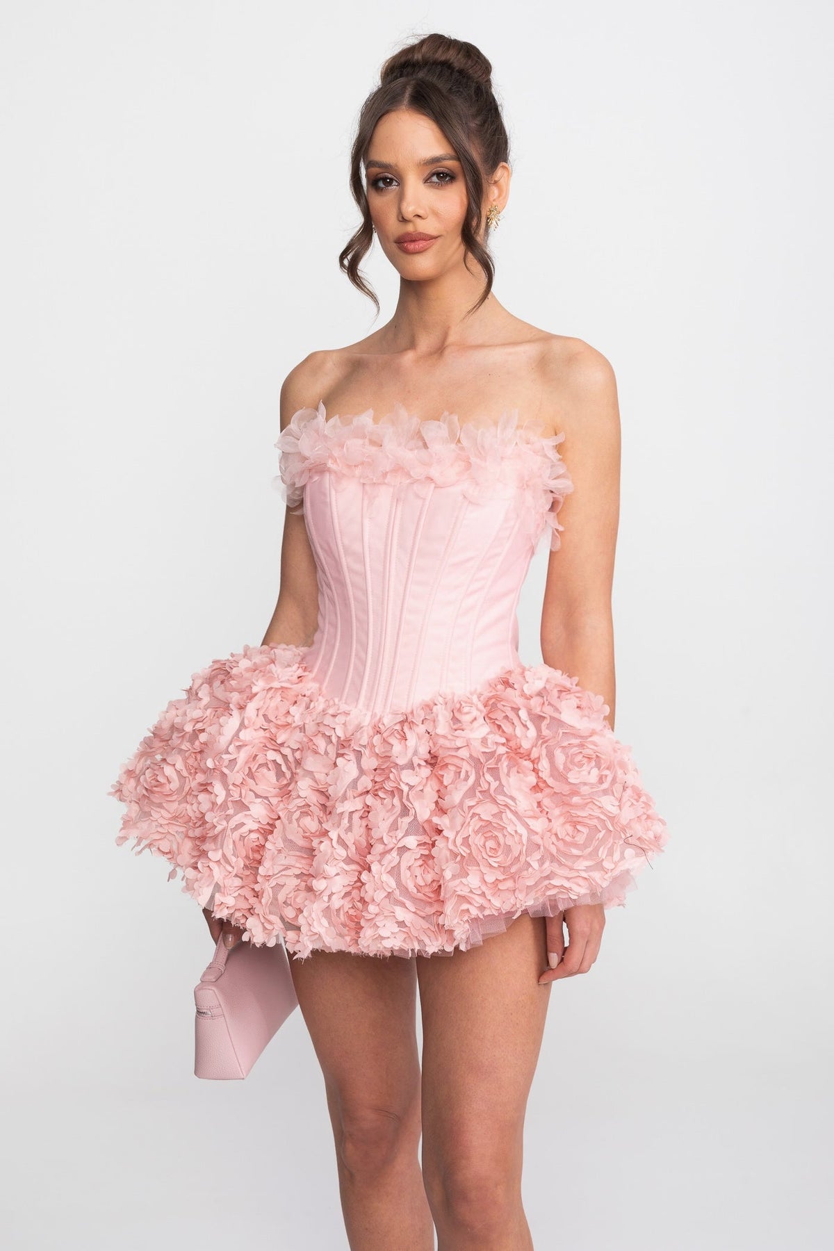 Strapless Satin Corset Mini Dress with 3D Rose Appliqué Skirt – Pink – view 3