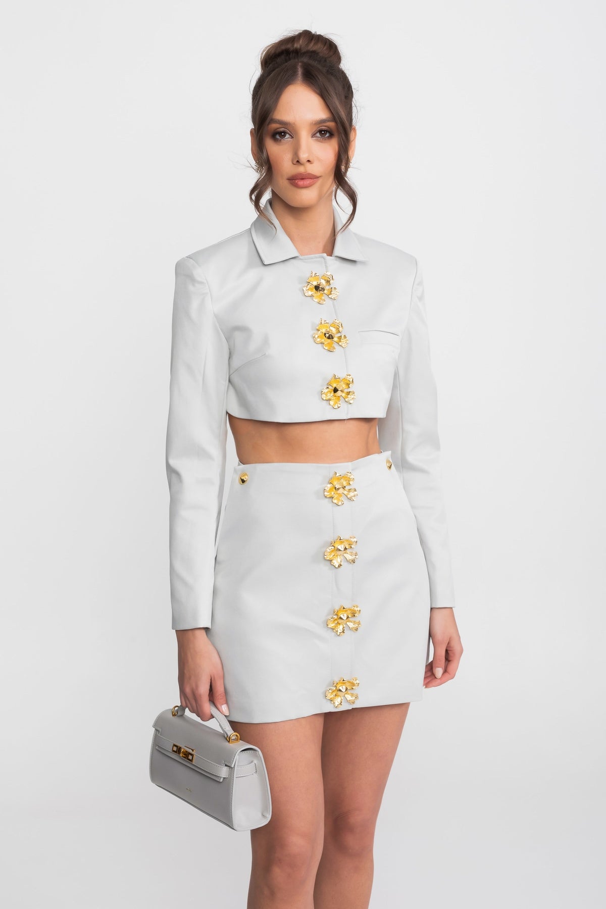Cropped Jacket and Mini Skirt Co-ord Set with 3D Floral Buttons – Light Grey – view 4