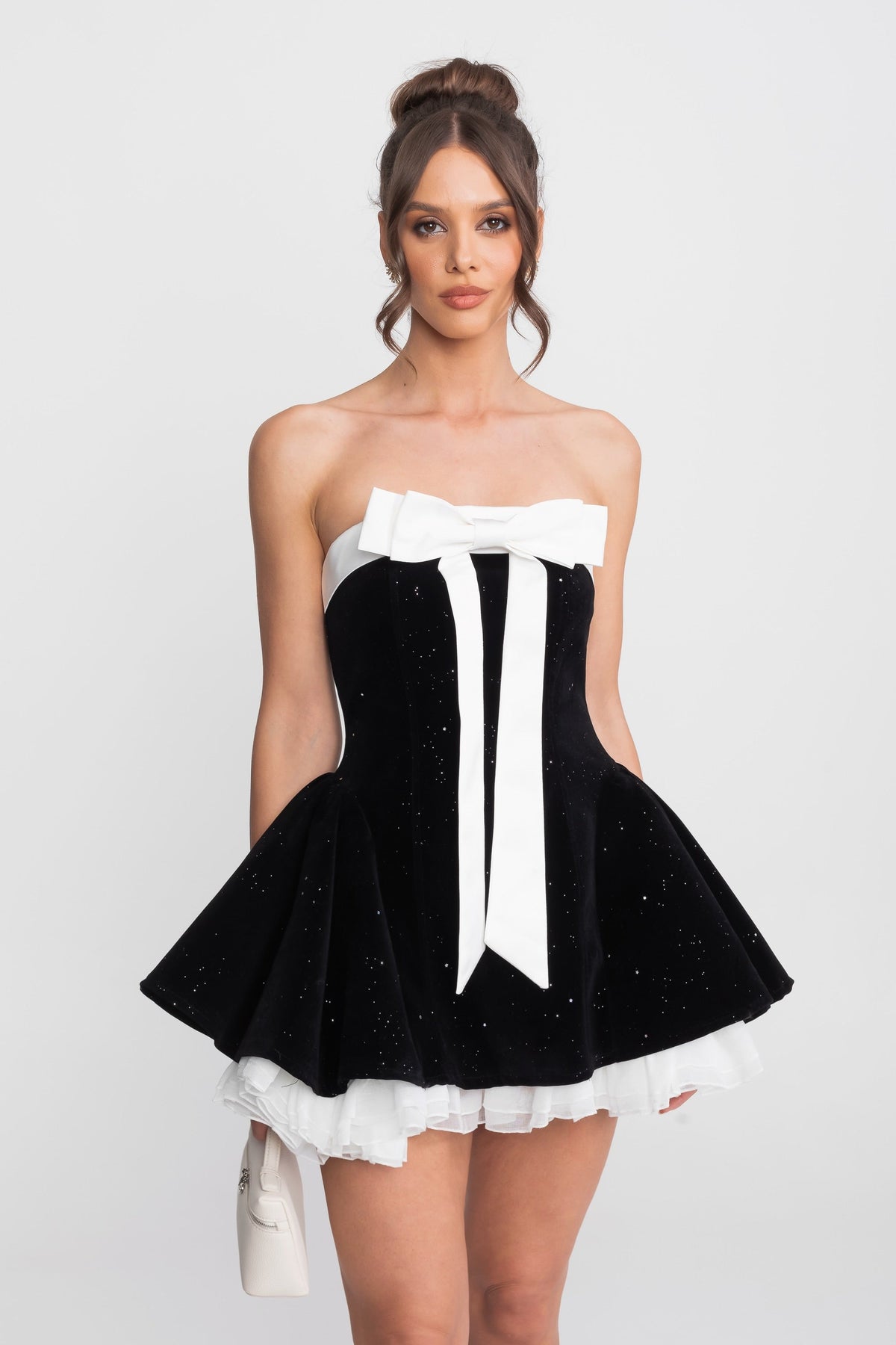 Strapless Crystal Velvet Mini Dress with Satin Bow and Ruffle Hem – Black – view 2