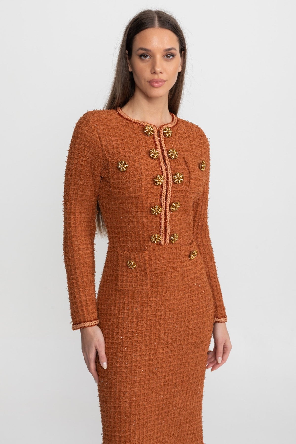 Long Sleeve Tweed Midi Dress with Crystal Buttons – Rust – view 3