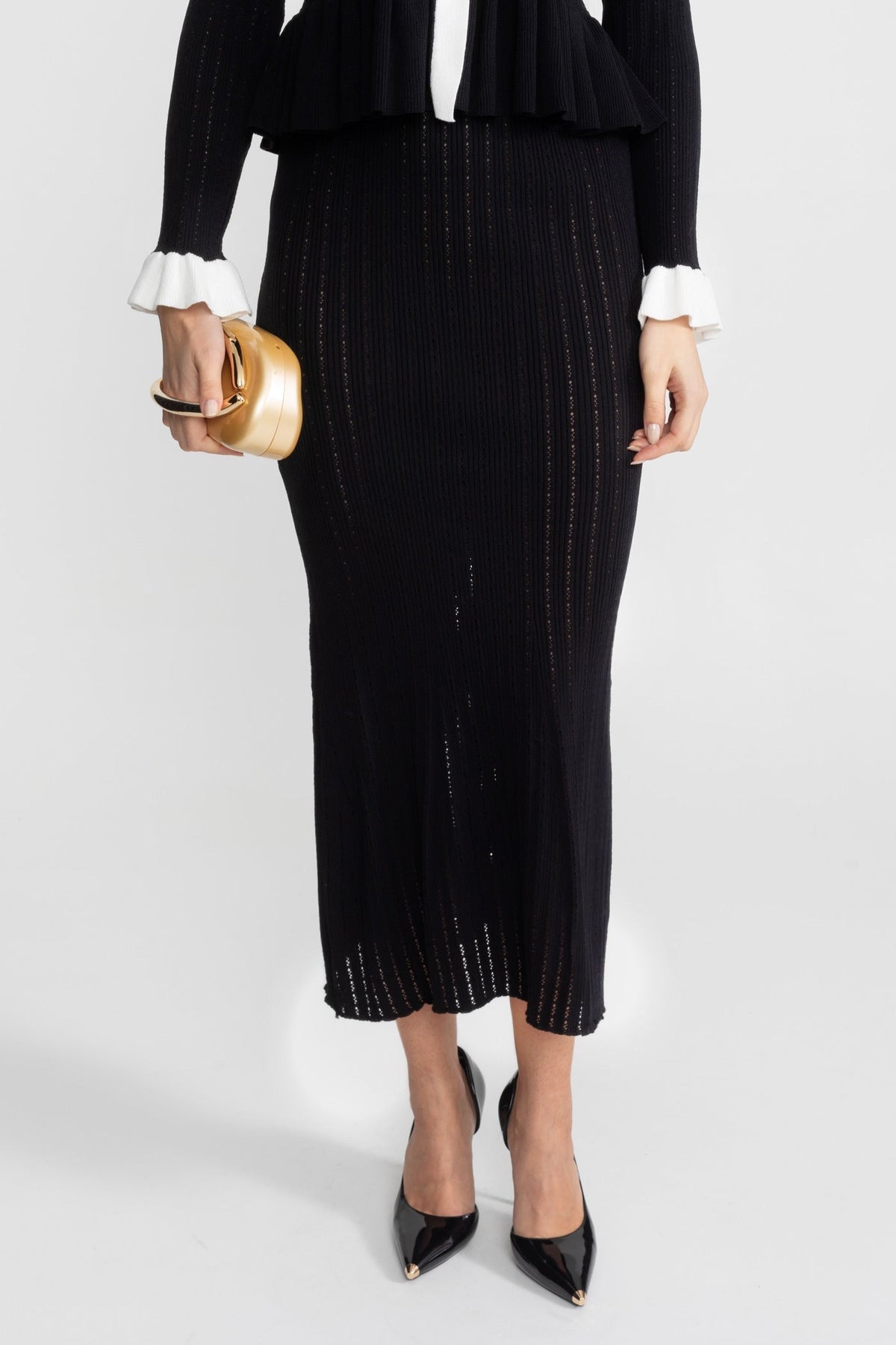 Pointelle Knit Peplum Top and Midi Skirt Set with Contrast Trim – Black – view 3