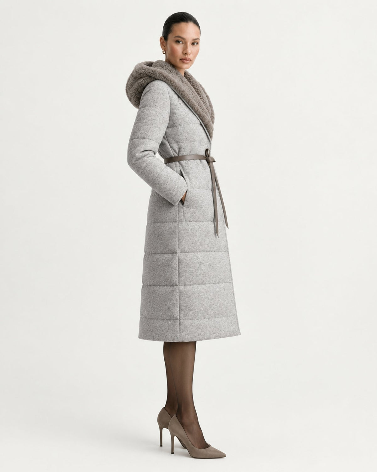 Mid-Length Striped Goose Down Jacket with Hood – view 8