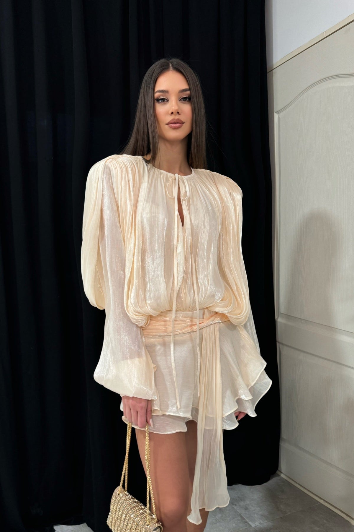 Pleated Long Sleeve Ruffle Mini Dress with Waistband – Apricot – view 3