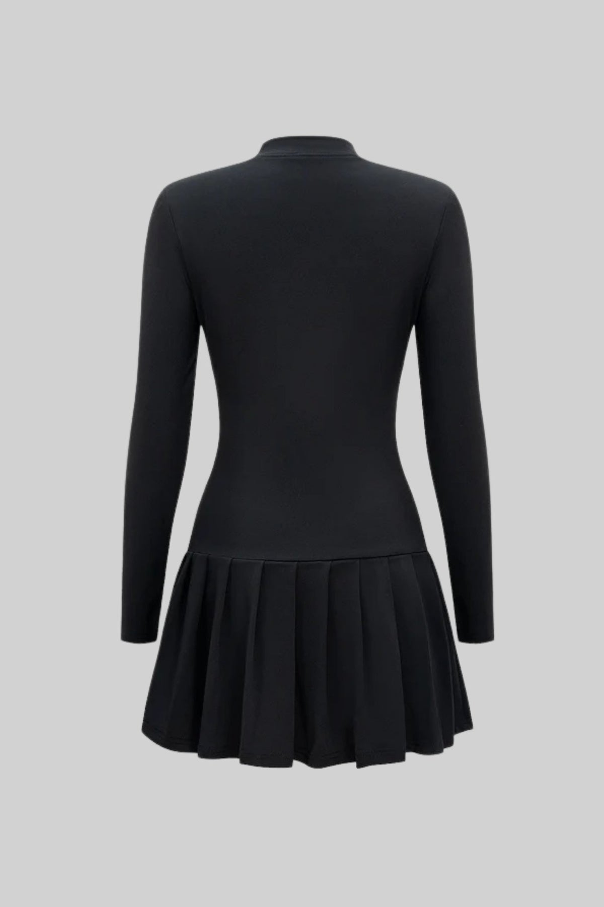 Bow Neck Pleated Crepe Mini Dress with Gold Buttons – Black – view 3
