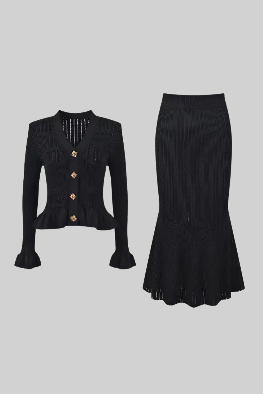 Ruffled V-Neck Knit Cardigan and Flared Knee-Length Skirt Set – Black – view 9