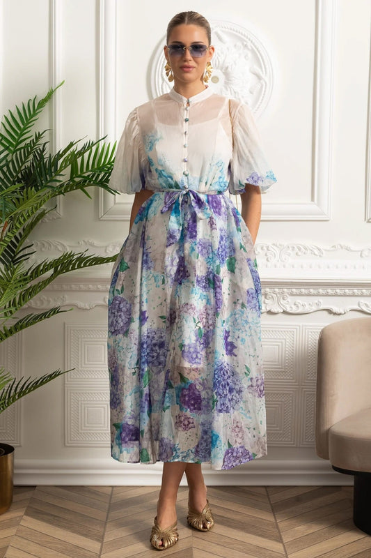 Sheer Botanical Print Puff Sleeve Midi Shirt Dress – White/Blue