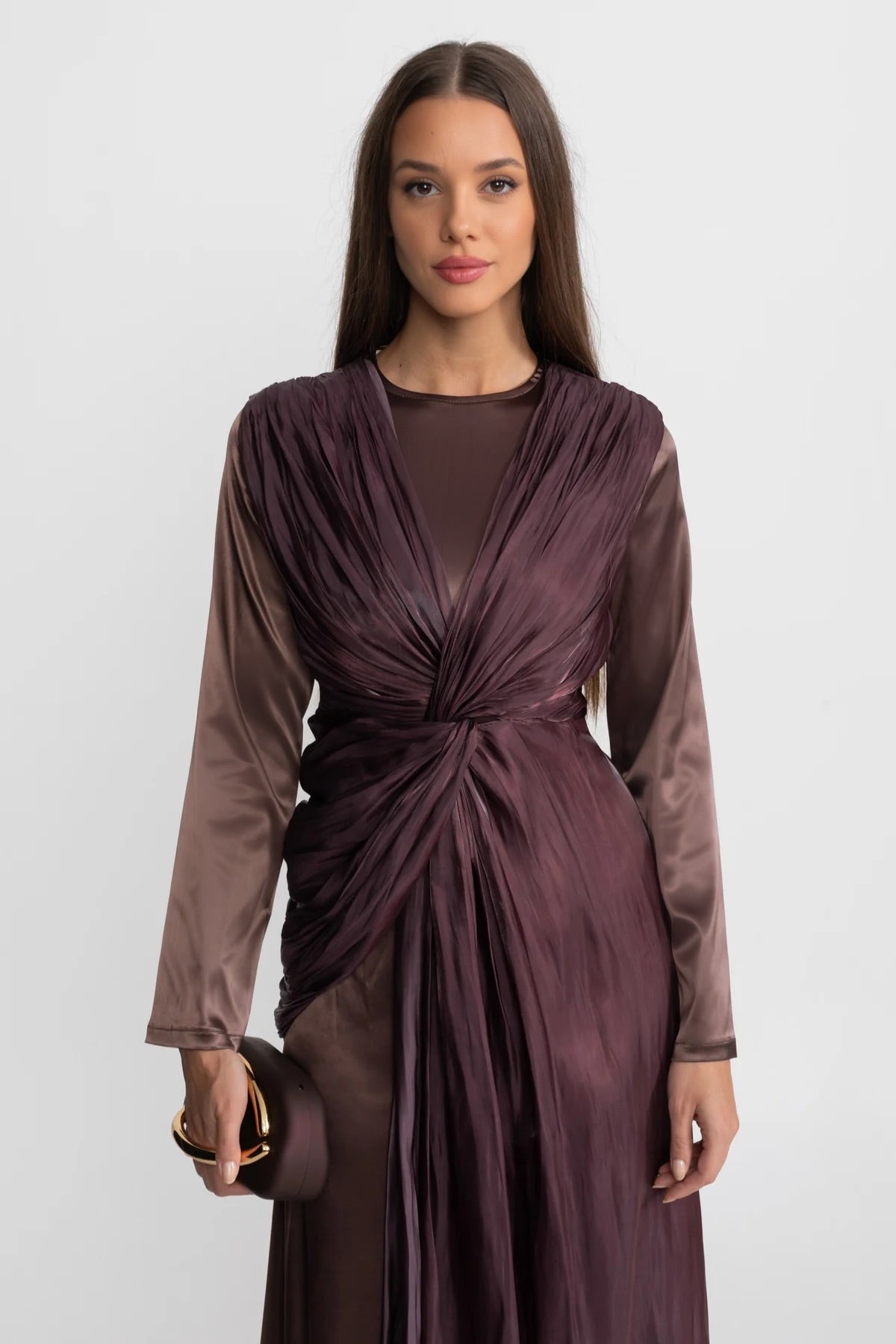 Satin Long Sleeve Midi Dress with Draped Knot Front – Brown – view 3