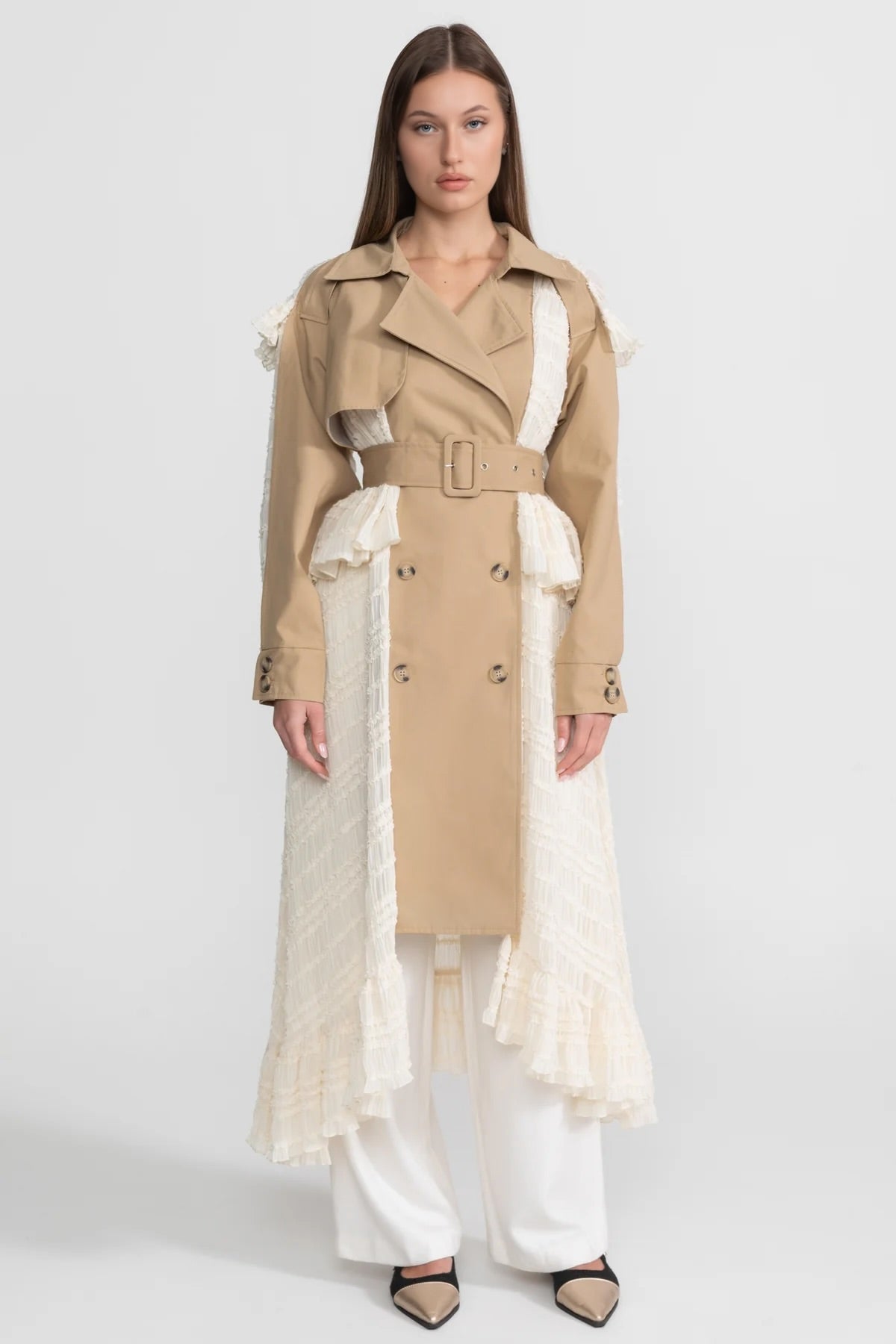 Longline Double-Breasted Lace Panel Trench Coat with Belt – Beige – view 1