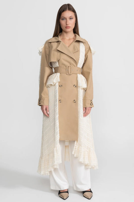 Longline Double-Breasted Lace Panel Trench Coat with Belt – Beige