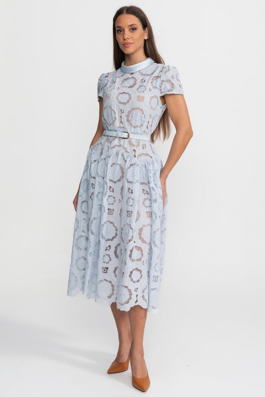 Floral Lace High Neck Belted Midi Dress with Short Sleeves – Light Blue