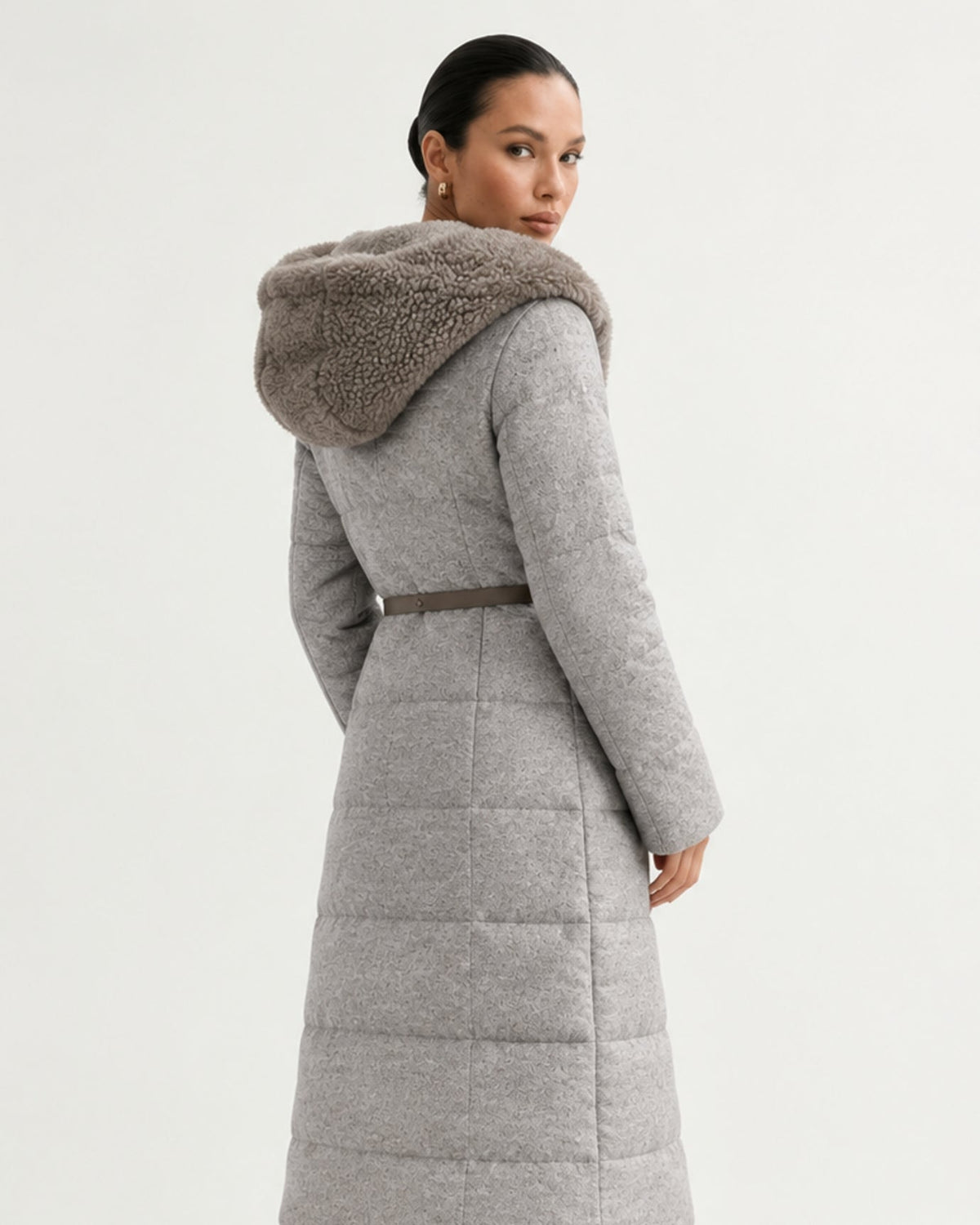 Mid-Length Striped Goose Down Jacket with Hood – view 9
