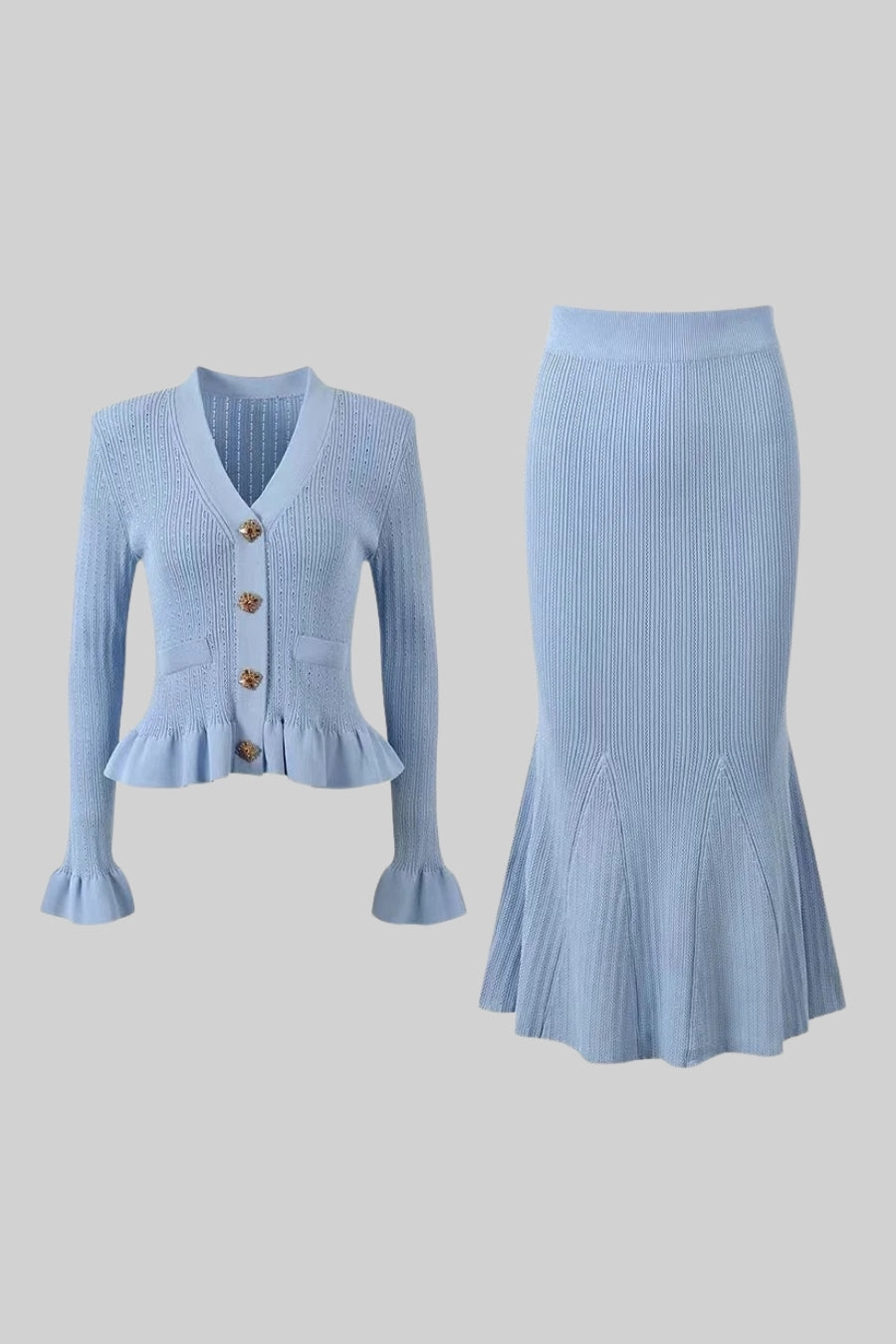 Ruffled V-Neck Knit Cardigan and Flared Knee-Length Skirt Set – Baby Blue – view 10