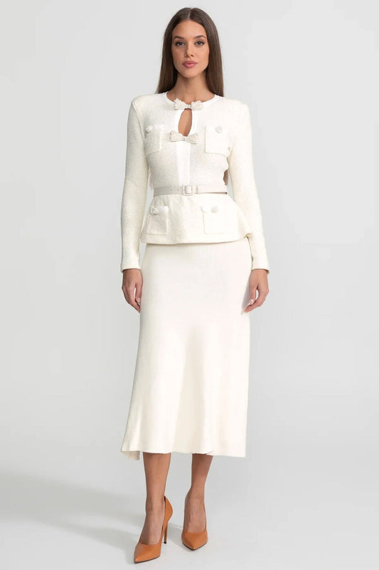 Tweed Peplum Midi Dress with Knit Skirt and Pearl Bows – Ivoire