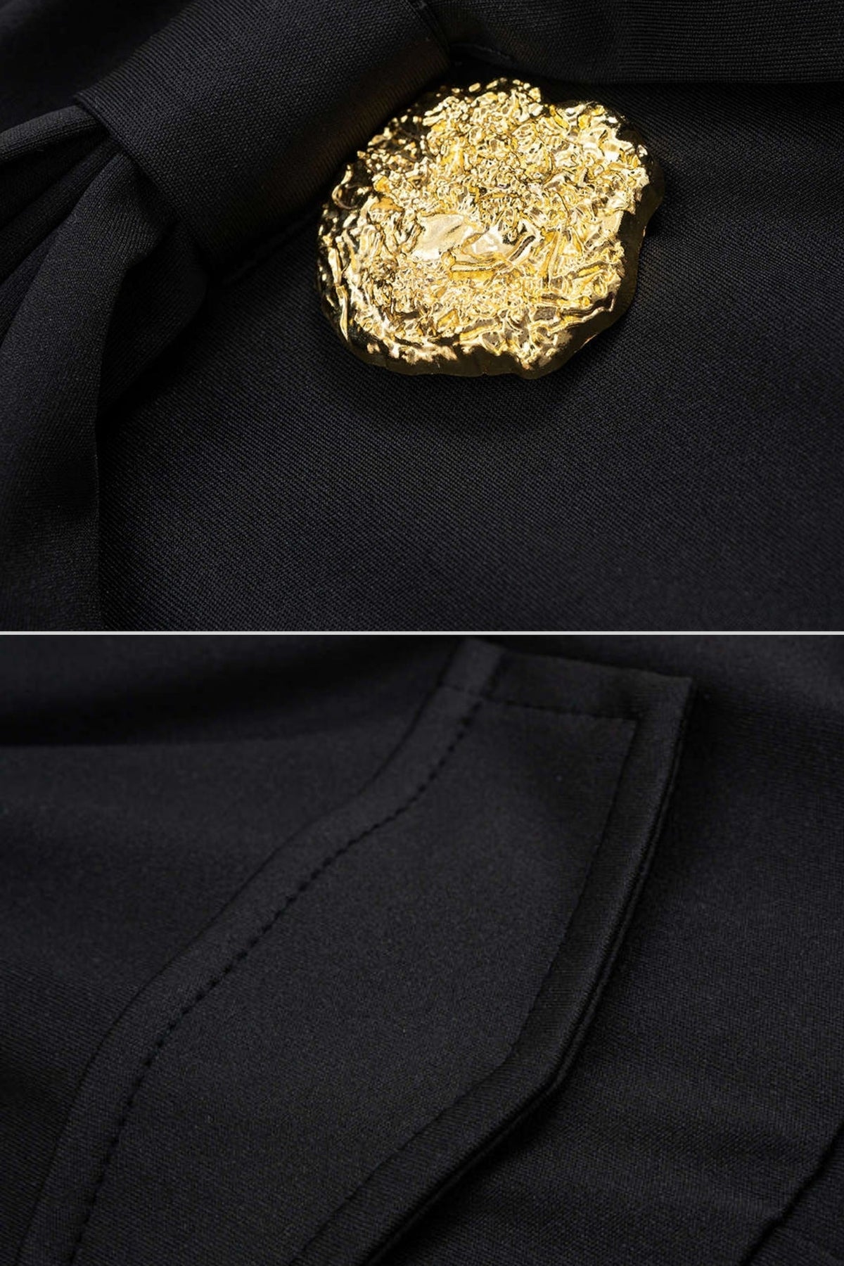 Bow Neck Pleated Crepe Mini Dress with Gold Buttons – Black