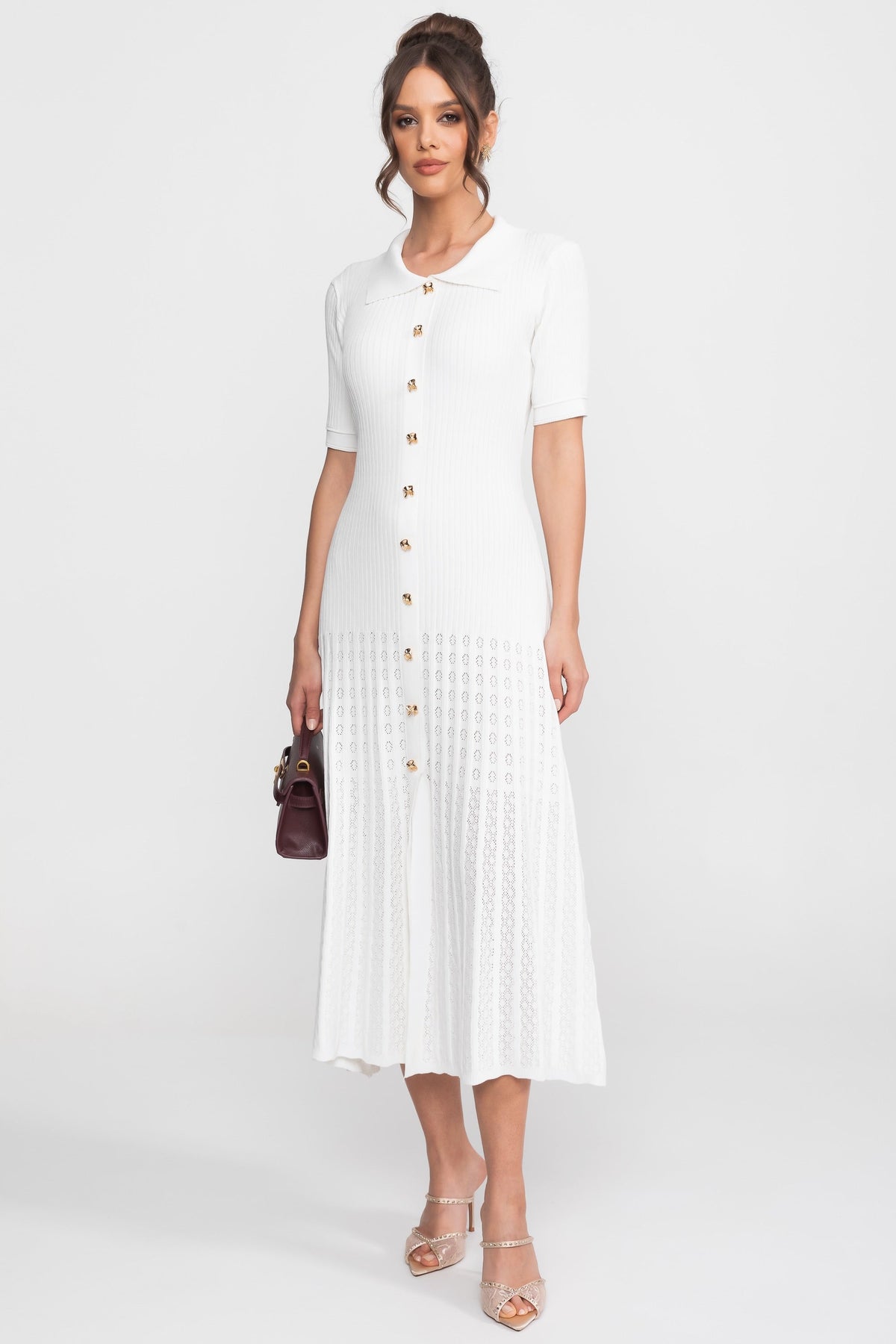 Ribbed Knit Peter Pan Collar Midi Dress with Pleated Skirt – White – view 3