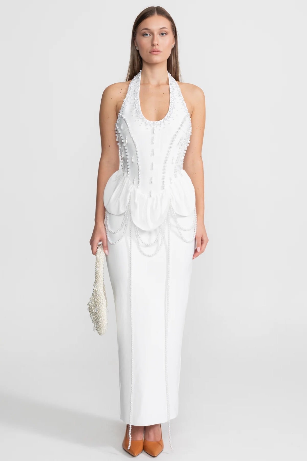 Satin Halter Gown with Pearl Embellishment and Gathered Peplum – White – view 3