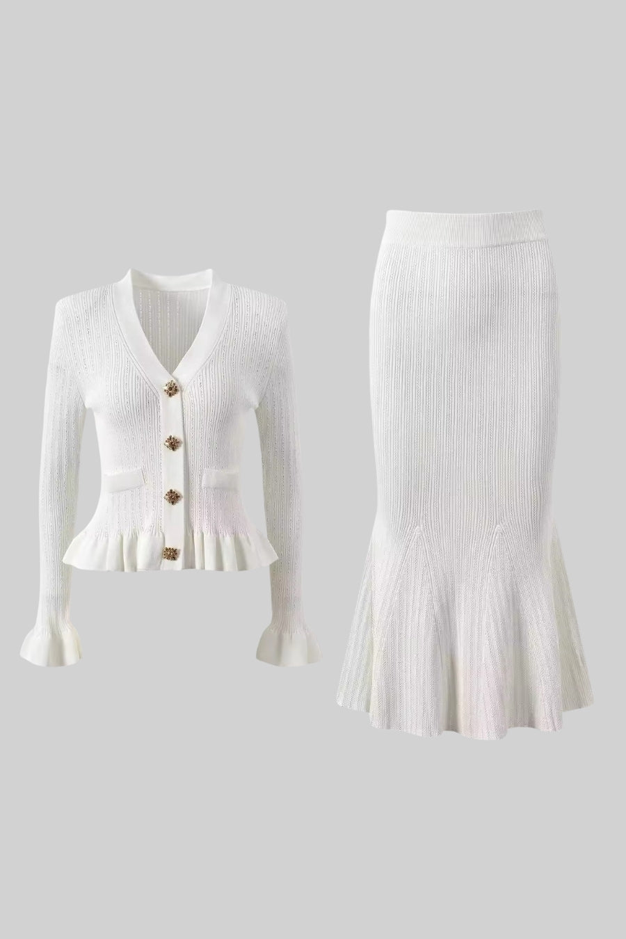 Ruffled V-Neck Knit Cardigan and Flared Knee-Length Skirt Set – White – view 13