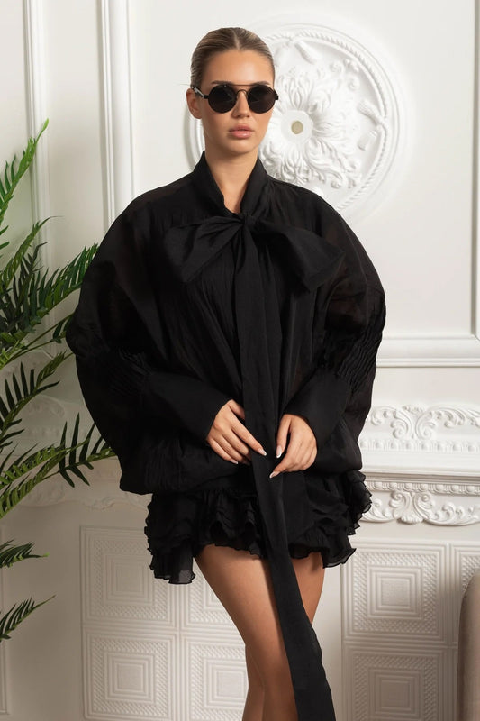 Sheer Bow Neck Balloon Sleeve Mini Dress with Ruffle Hem – Black