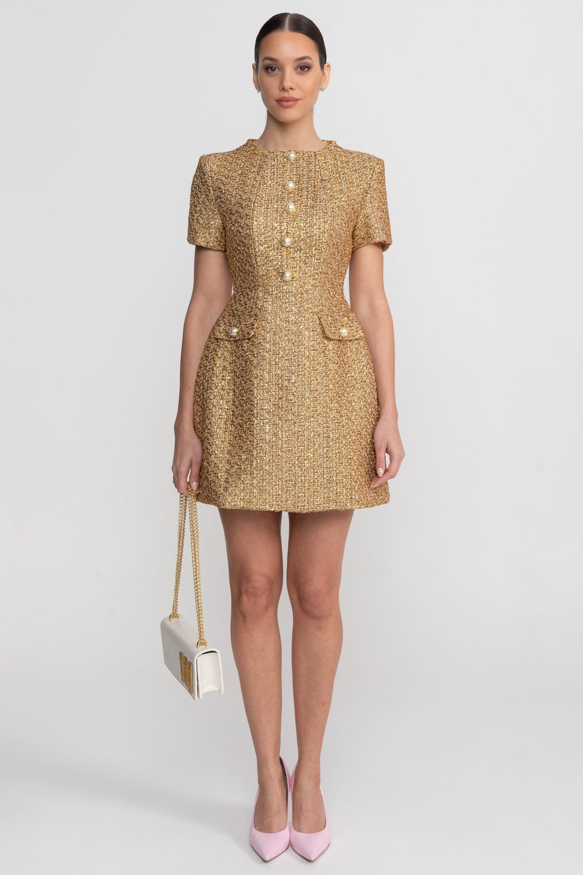 Metallic Tweed A-Line Mini Dress with Pearl-Effect Buttons – Gold – view 3