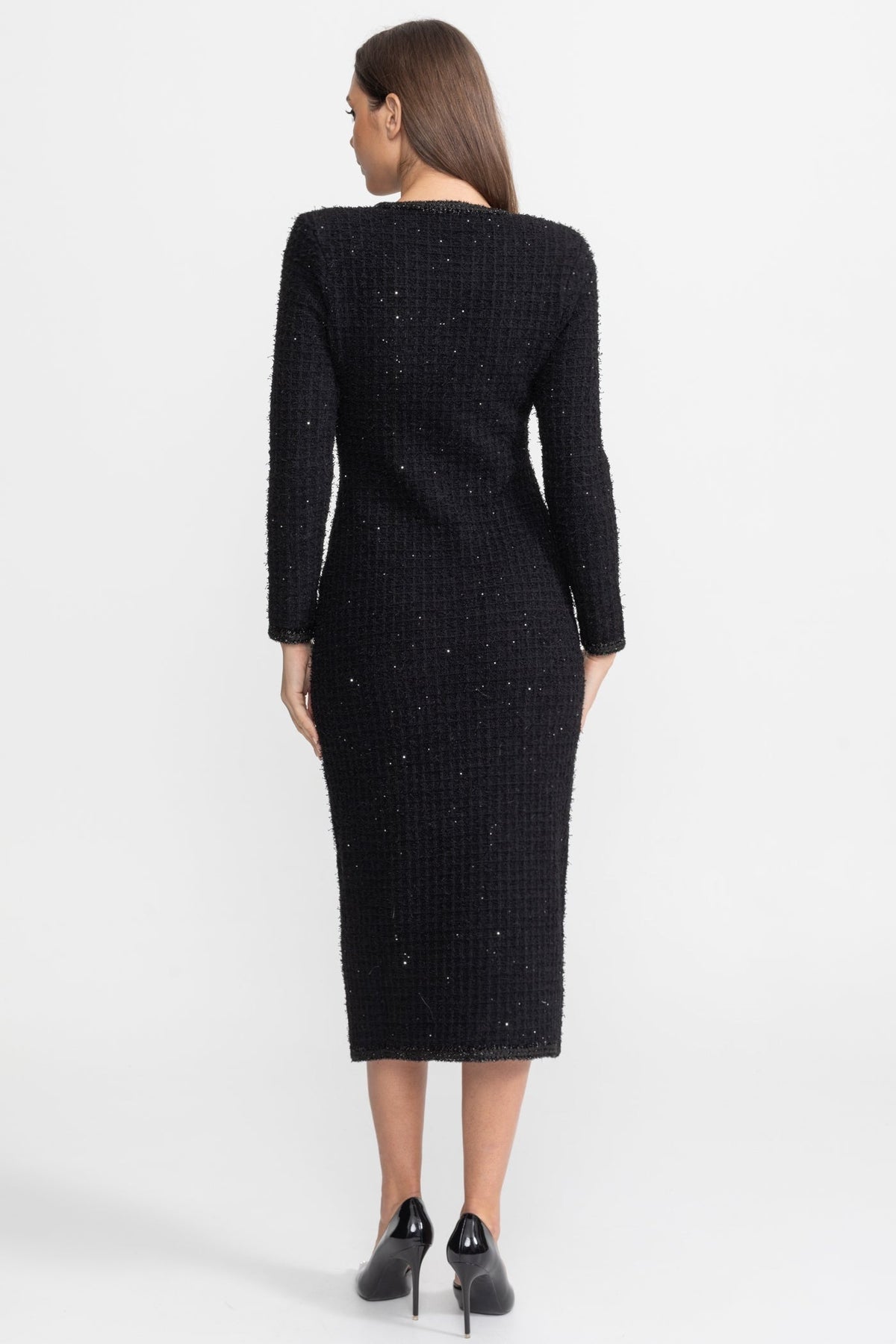 Long Sleeve Tweed Midi Dress with Crystal Buttons – Black – view 5