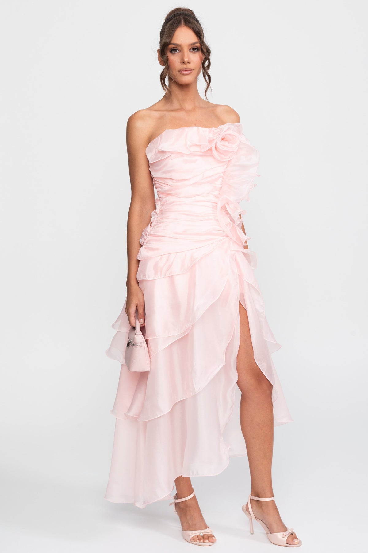 Strapless Satin Rosette Dress with Petal Hem and Front Slit – Pink – view 2