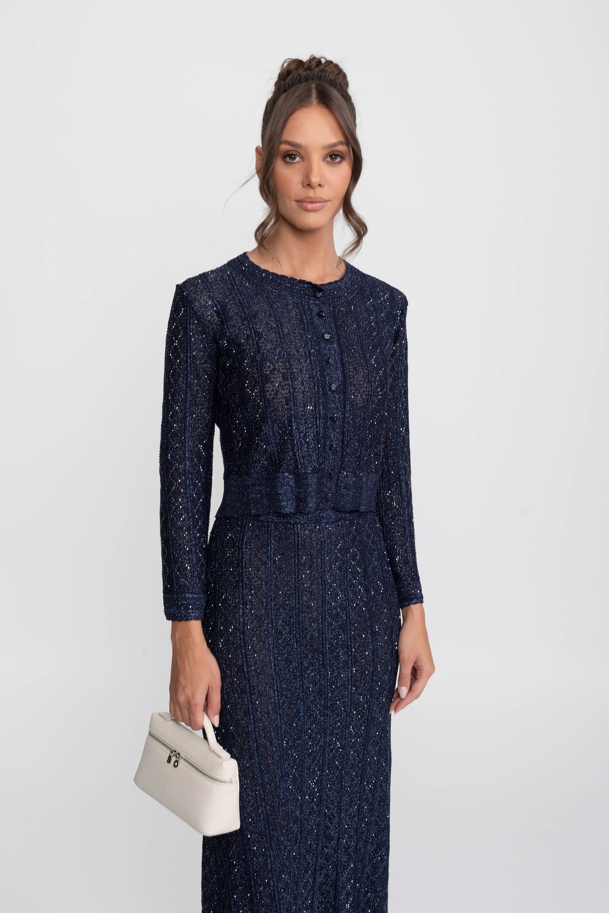 Diamond Pattern Lace Cropped Top and Maxi Skirt Co-ord Set – Navy – view 3