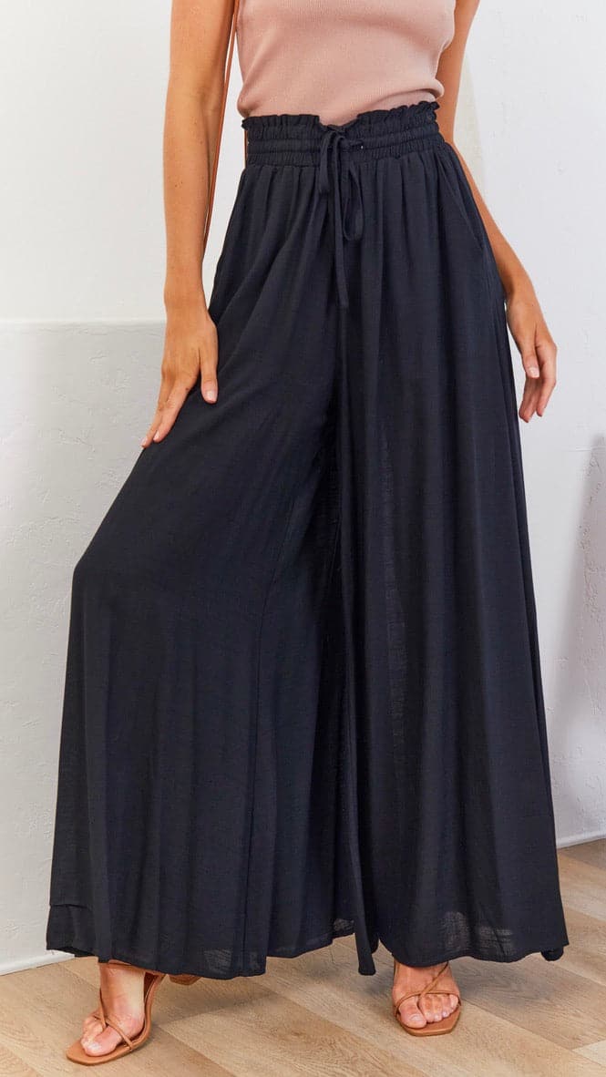 Avery Wide Leg Drawstring Waist Rayon Trousers – Black – view 6