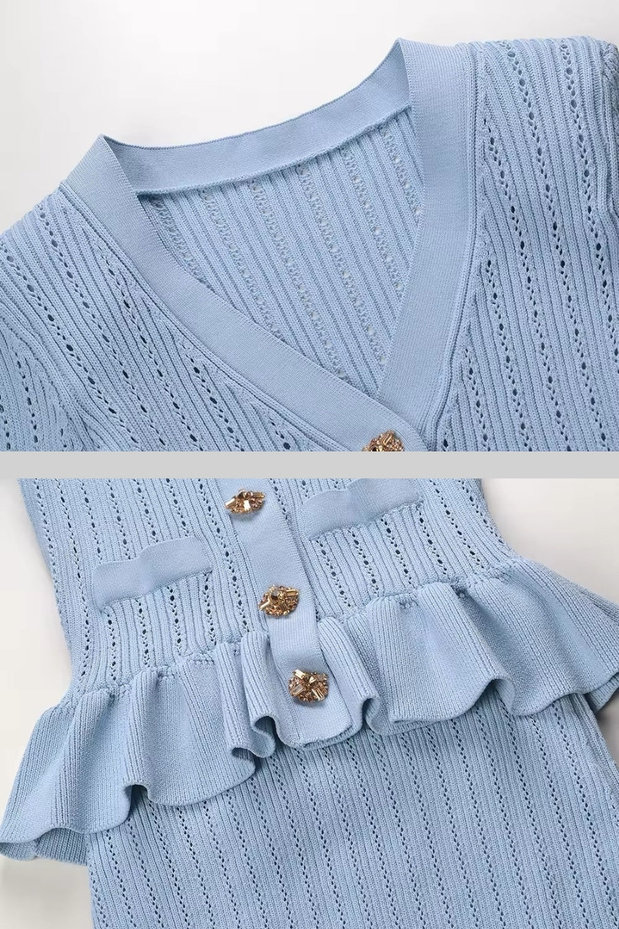 Ruffled V-Neck Knit Cardigan and Flared Knee-Length Skirt Set – Baby Blue – view 12