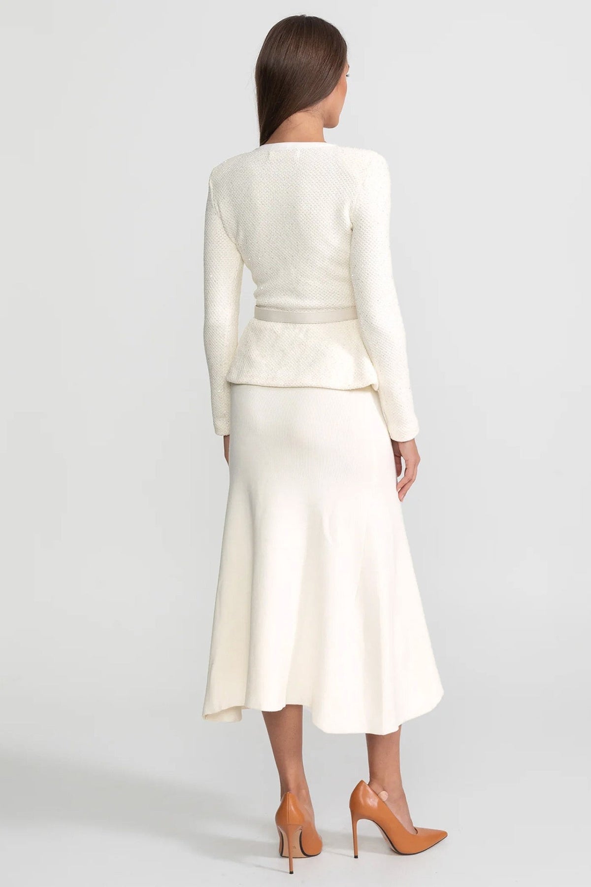 Tweed Peplum Midi Dress with Knit Skirt and Pearl Bows – Ivoire – view 3