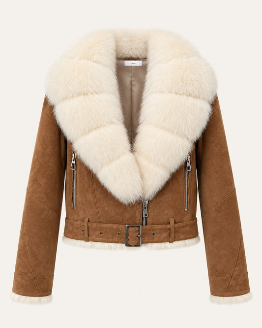Suede Leather Biker-Style Jacket with Lined Collar