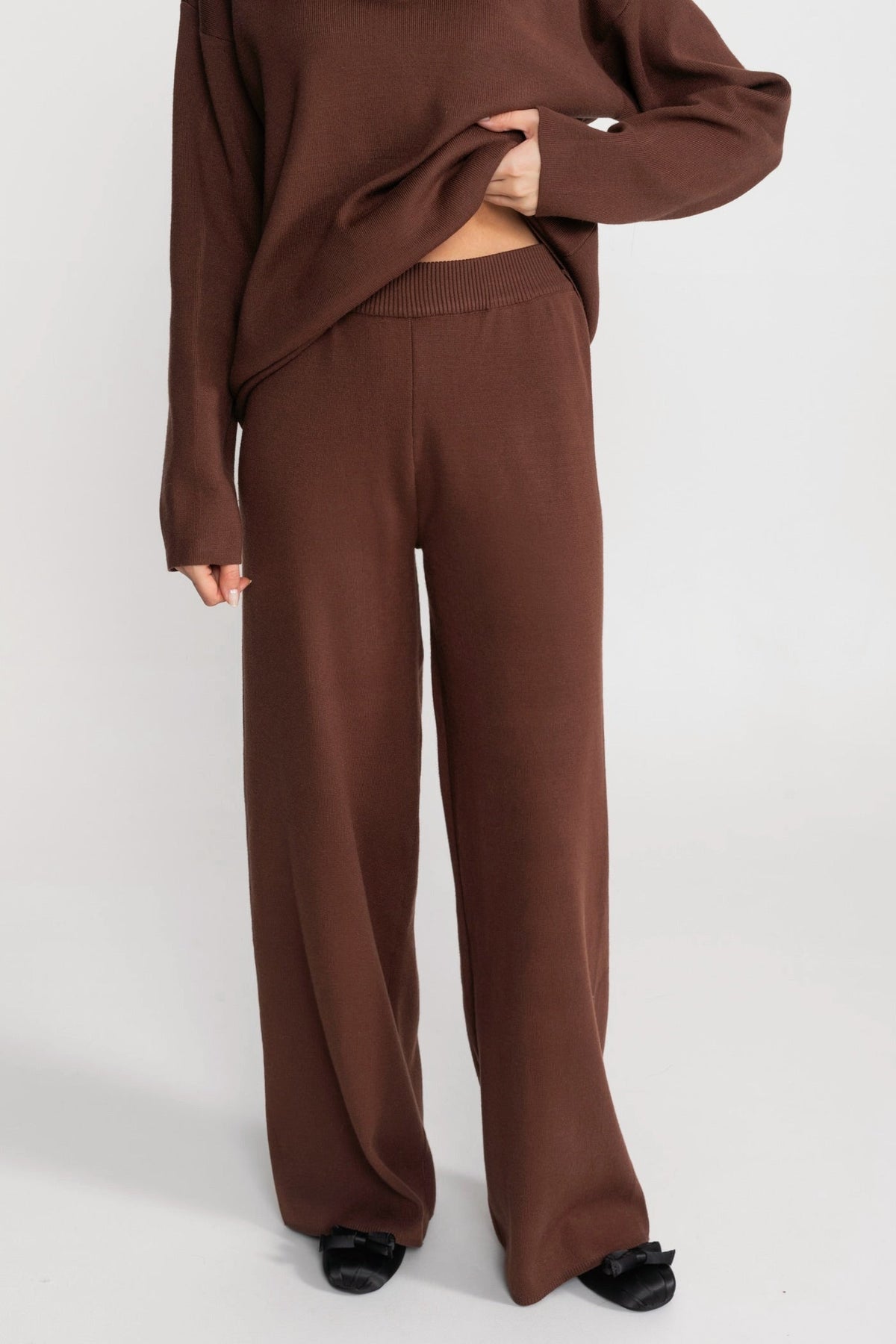 Knit Lounge Top and Straight Leg Trousers Set – Brown – view 4