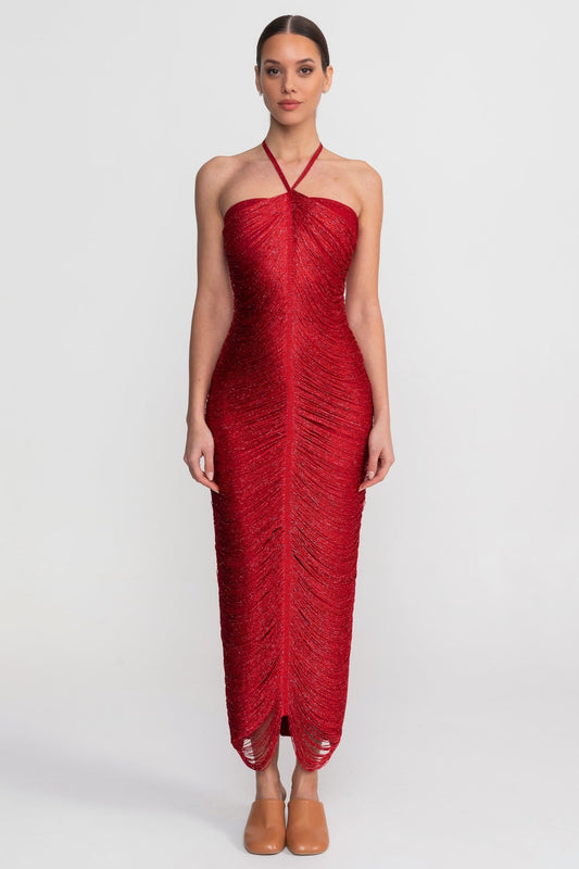 Pleated Halter Neck Body-Contouring Dress with Front Slit – Red