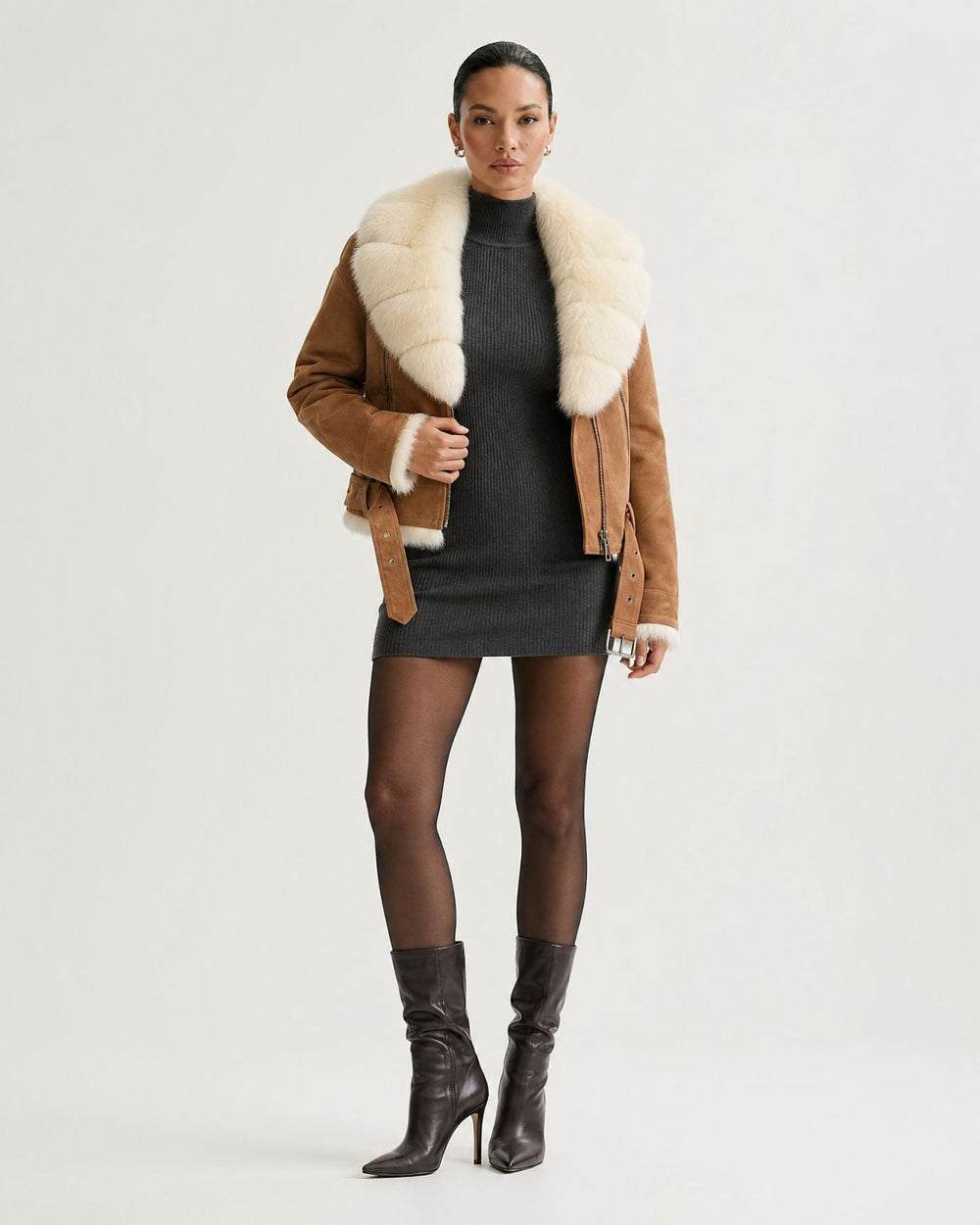 Suede Leather Biker-Style Jacket with Lined Collar